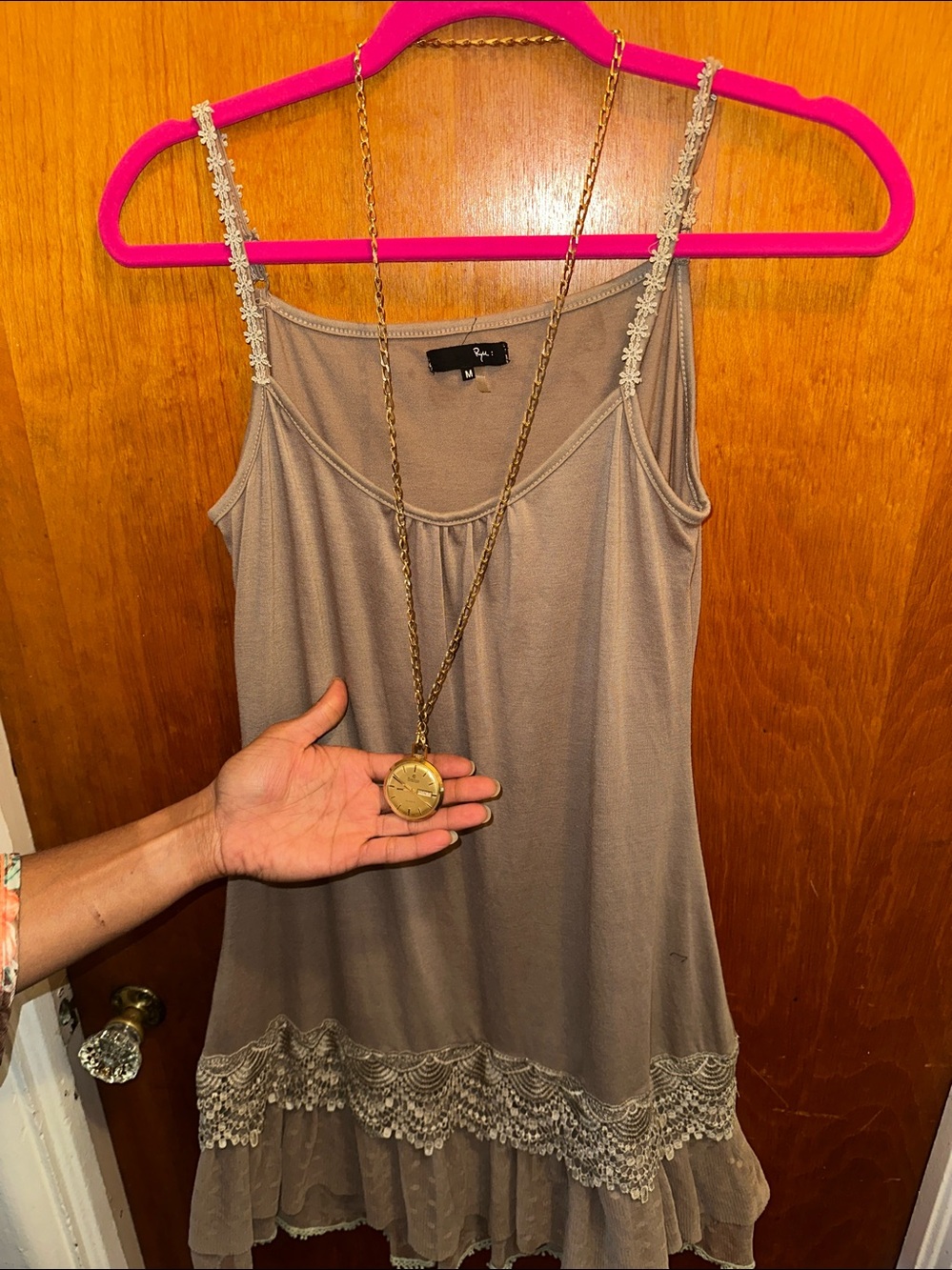 Ryu Taupe Lace-Hem Camisole Tank with Embellished Straps (necklace not included)